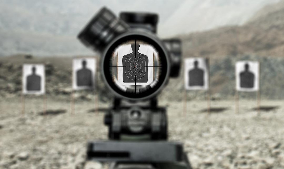 A view through a rife scope aiming at a paper target